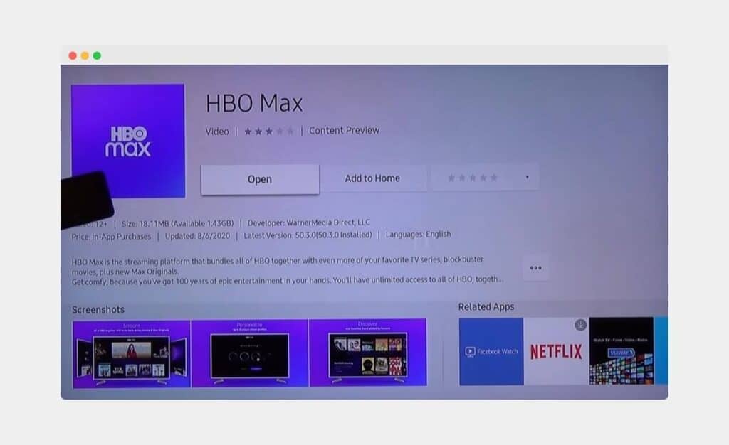 HBO Max app on Samsung TV