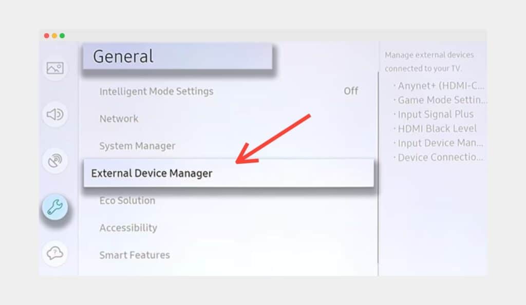 External Device Manager option on Samsung TV